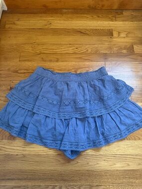 Altar'd State Dusty Blue Tiered Crochet-Trim Mini Skirt